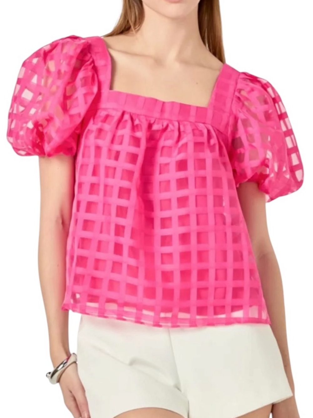 NEW English Factory Fuchsia Pink Organza Gridded Square Neck Crop Top - M